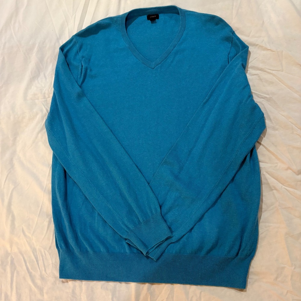 J Crew Mens Turquoise V Neck Sweater XL Cotton Cashmere Blend Long Sleeve